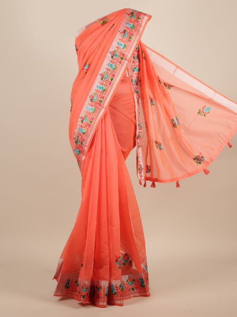 

Pothys Peach-Coloured Embroidered Jute Silk Saree
