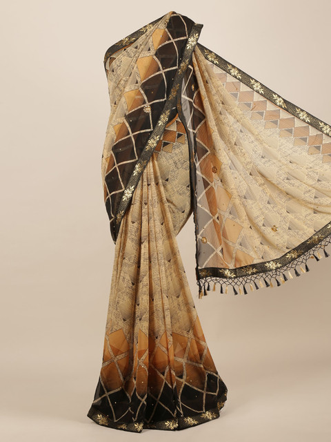 

Pothys Cream-Coloured Printed Poly Chiffon Saree