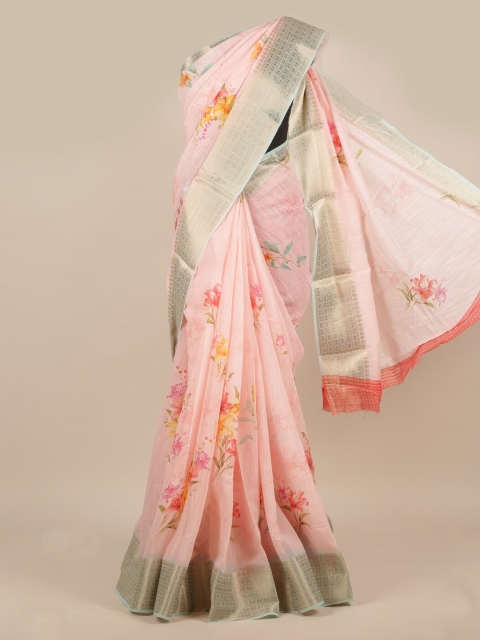 

Pothys Pink & Silver-Toned Jute Silk Printed Saree