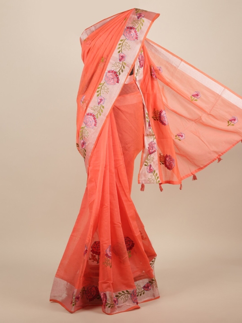 

Pothys Orange Embroidered Jute Silk Saree With Tasseled Pallu
