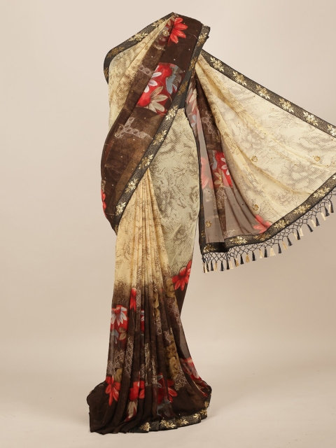 

Pothys Multicoloured Printed Poly Chiffon Saree With Tasseled Pallu, Multi