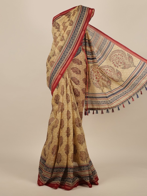 

Pothys Cream-Coloured & Red Jute Silk Printed Saree