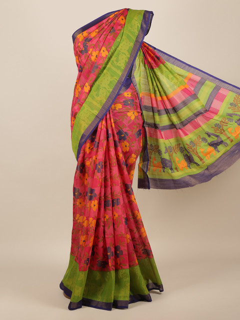 

Pothys Pink & Green Jute Silk Printed Saree
