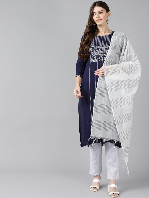 

Bani Women Women Navy Blue & White Embroidered Kurta with Trousers & Dupatta