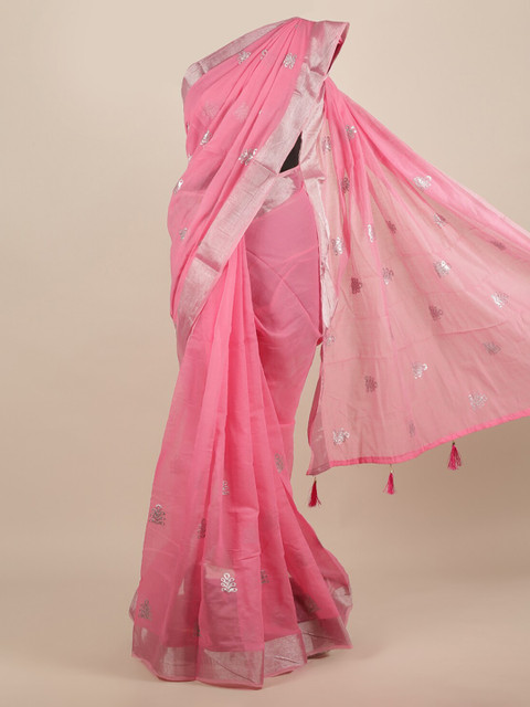 

Pothys Pink Printed Jute Silk Saree With Tasseled Pallu