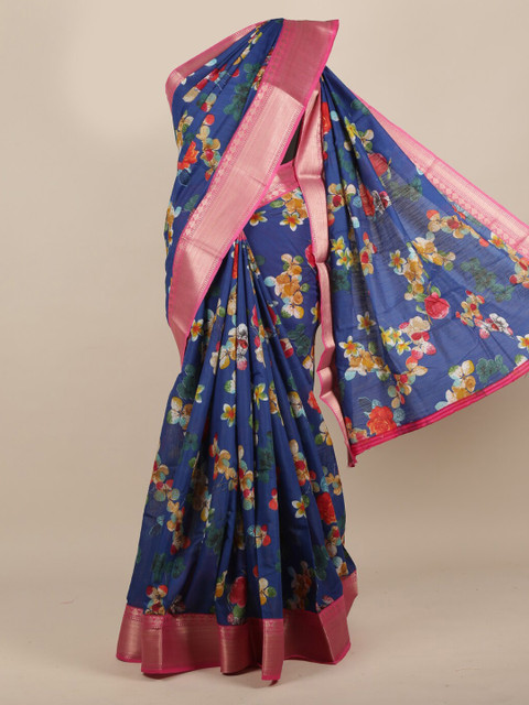 

Pothys Blue Floral Printed Jute Silk Saree