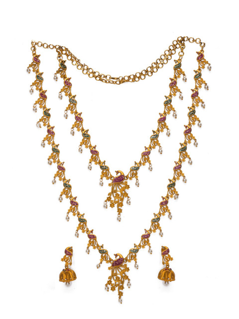 

Alankruthi Pink & Green Gold-Plated Stone-Studded & Beaded Peacock Shaped Jewellery Set