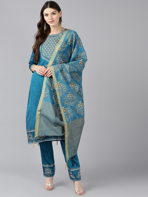 

Bani Women Women Turquoise Blue Embroidered Kurti with Trousers & Dupatta