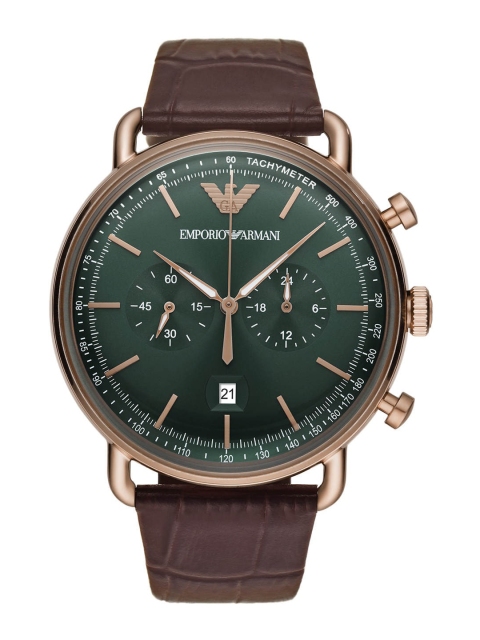 

Emporio Armani Men Green Dial & Brown Leather Textured Strap Analogue Watch AR11334