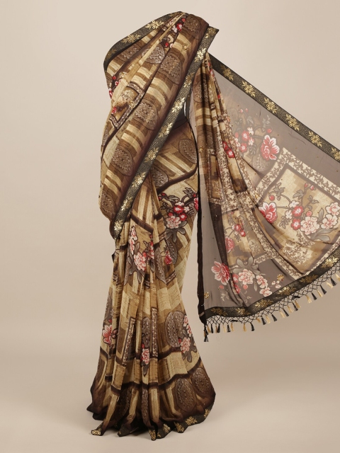 

Pothys Cream-Coloured & Brown Poly Chiffon Printed Saree