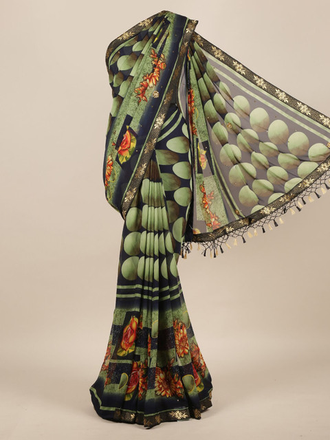 

Pothys Green & Navy Blue Poly Chiffon Printed Saree