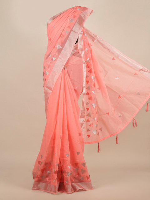 

Pothys Peach-Coloured & Grey Jute Silk Embroidered Saree