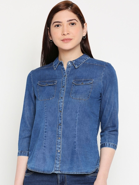 

Kraus Jeans Women Blue Cotton Faded Denim Casual Shirt