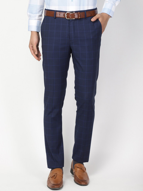 

Blackberrys Men Navy Blue Regular Fit Checked Formal Trousers