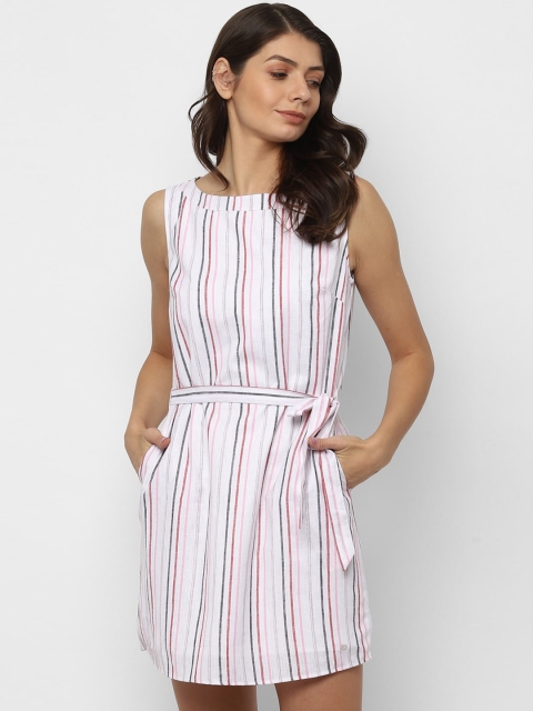 Allen Solly Woman White & Pink Striped A-Line Dress