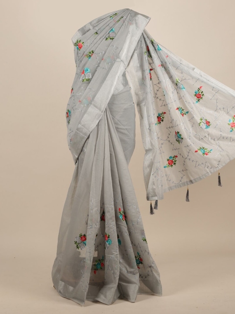 

Pothys Grey Embroidered Jute Silk Saree With Tasseled Pallu