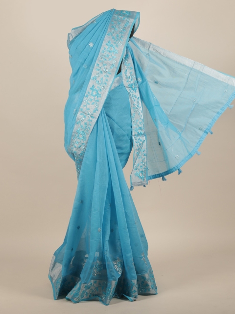 

Pothys Turquoise Blue Solid Jute Silk Saree With Tasseled Pallu