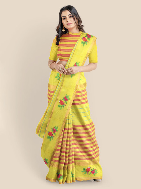 

Kalamandir Yellow & Pink Cotton Blend Striped Saree
