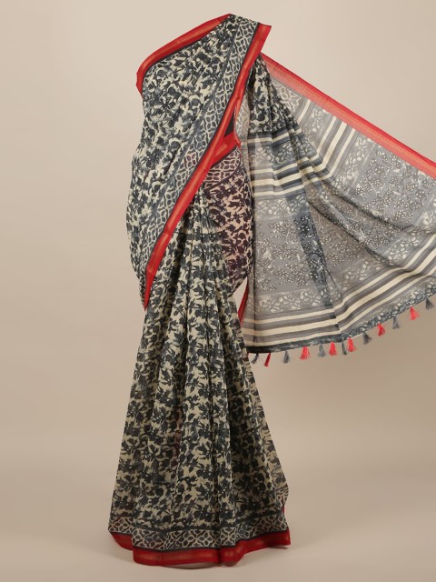 

Pothys Beige & Grey Jute Silk Printed Saree With Tasseled Pallu