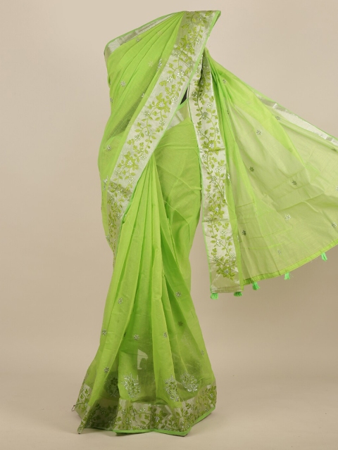 

Pothys Green Embroidered Jute Silk Saree
