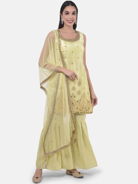 

Neerus Women Olive Green Embroidered Kurti with Sharara & Dupatta
