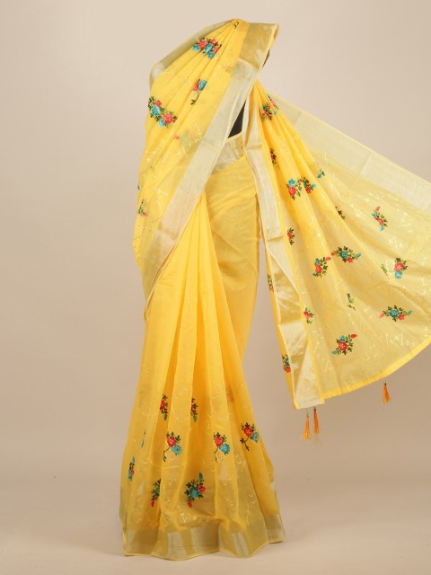 

Pothys Yellow Embroidered Jute Silk Saree With Tasseled Pallu