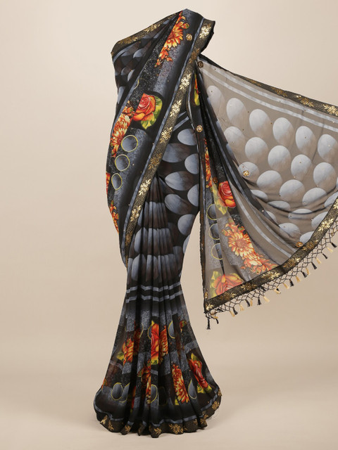 

Pothys Grey & Orange Poly Chiffon Printed Saree