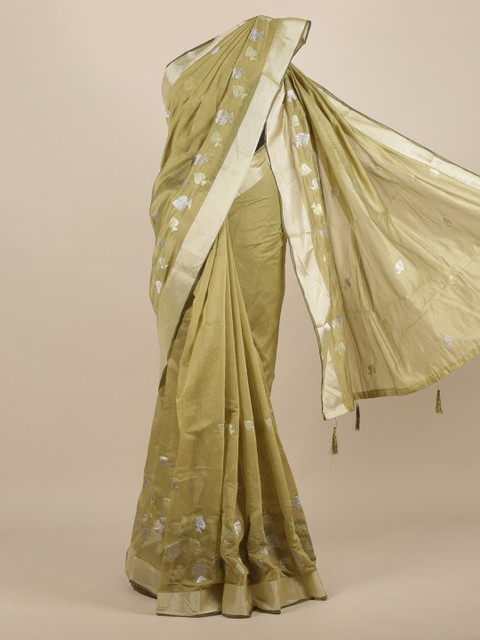 

Pothys Olive Green Printed Jute Silk Saree With Tasseled Pallu