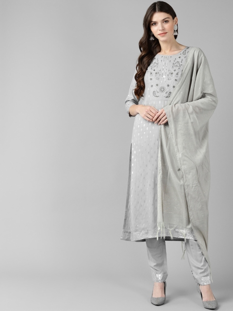 

Bani Women Women Grey Embroidered Kurta with Churidar & Dupatta