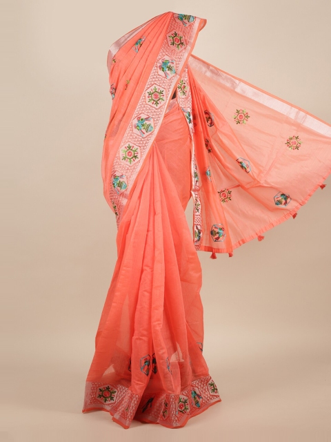 

Pothys Peach-Coloured & Silver-Toned Jute Silk Embroidered Saree