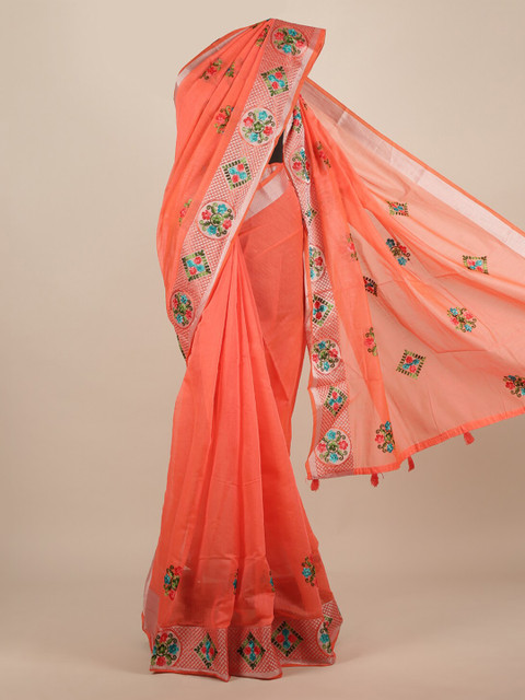 

Pothys Peach-Coloured Embroidered Jute Silk Saree
