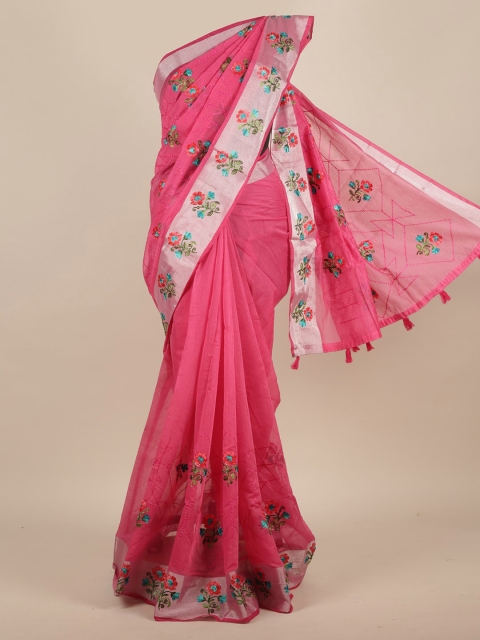 

Pothys Pink Embroidered Jute Silk Saree