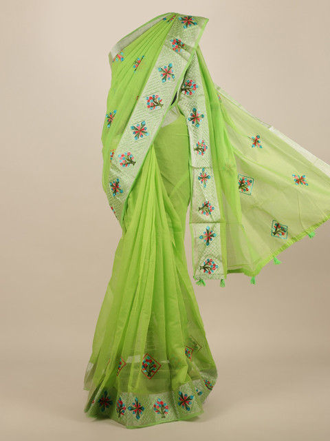 

Pothys Green & Silver-Toned Jute Silk Embroidered Saree
