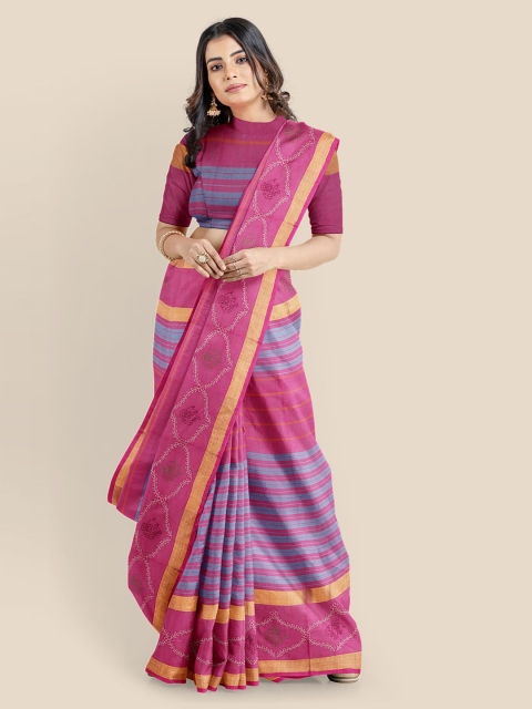 

Kalamandir Pink & Blue Cotton Blend Striped Saree