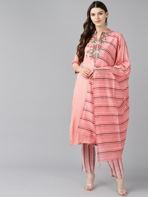 

Bani Women Women Peach-Coloured Embroidered Kurta with Trousers & Dupatta