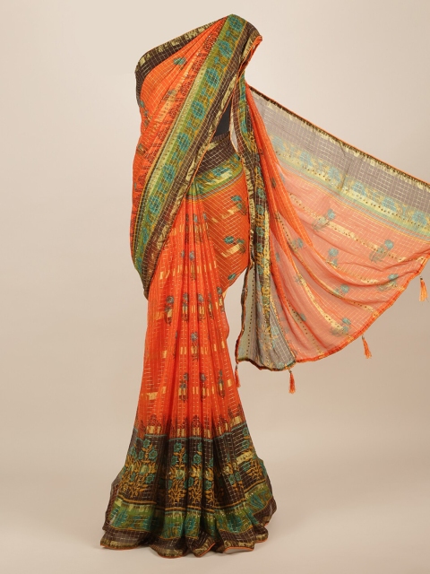 

Pothys Orange Printed Poly Chiffon Saree With Tasseled Pallu