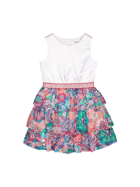 

Budding Bees Girls White & Peach-Coloured Printed Layered A-Line Dress