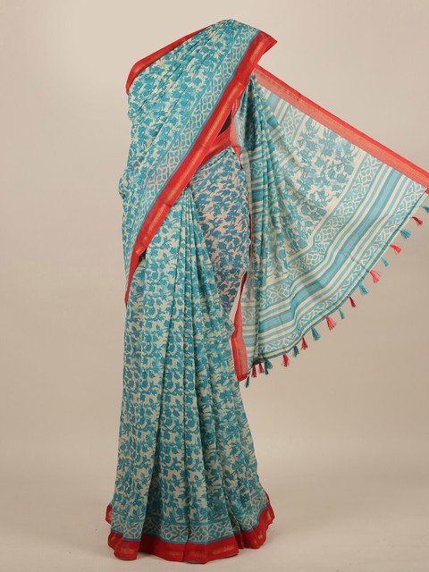 

Pothys Blue Printed Jute Silk Saree