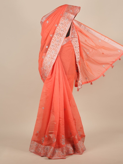 

Pothys Orange Embroidered Jute Silk Saree
