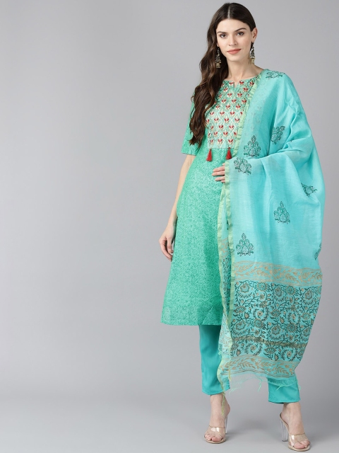 

Bani Women Women Green & Red Yoke Design Kurta with Trousers & Dupatta