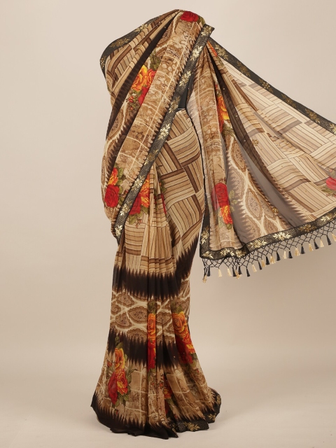 

Pothys Cream-Coloured & Brown Poly Chiffon Printed Saree