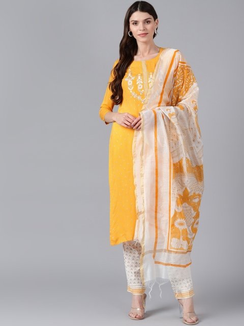 

Bani Women Women Yellow & White Yoke Design Kurta with Trousers & Dupatta