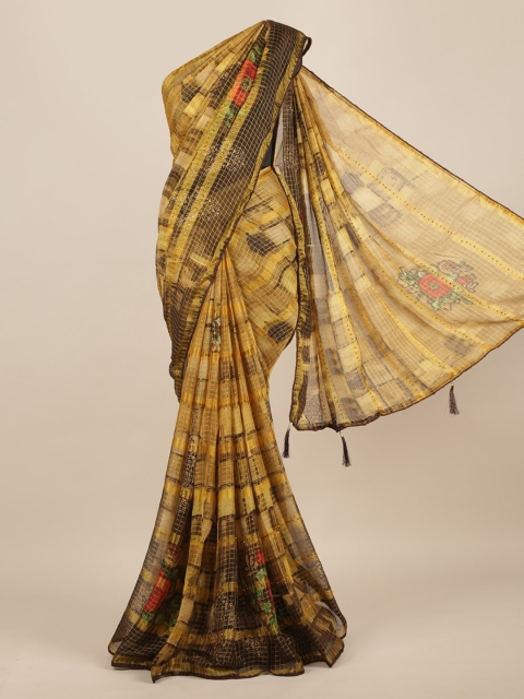 

Pothys Yellow & Brown Poly Chiffon Checked Saree