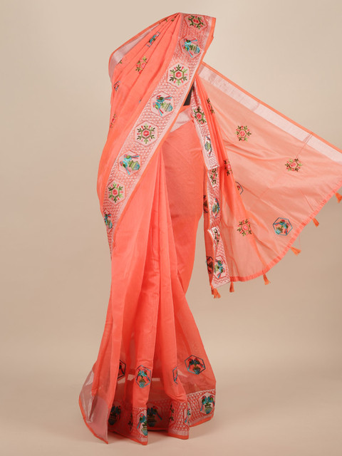 

Pothys Peach-Coloured Embroidered Jute Silk Saree