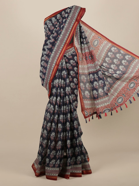 

Pothys Navy Blue Printed Jute Silk Saree With Tasseled Pallu