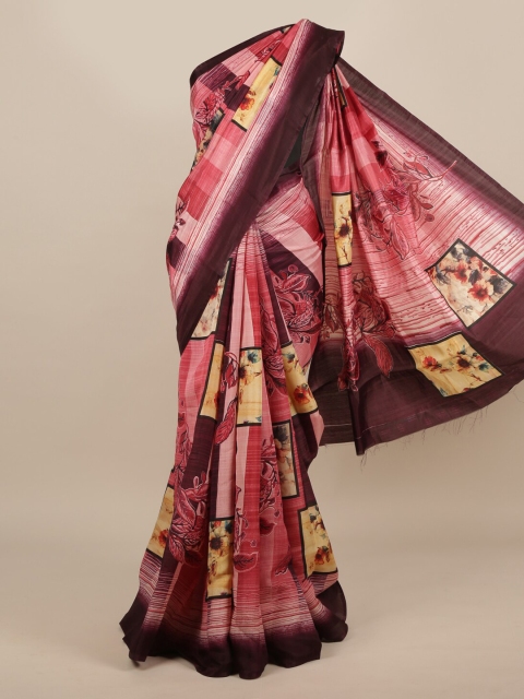 

Pothys Pink & Maroon Jute Silk Printed Saree