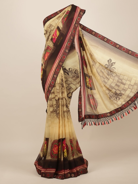 

Pothys Cream-Coloured & Brown Poly Chiffon Printed Saree