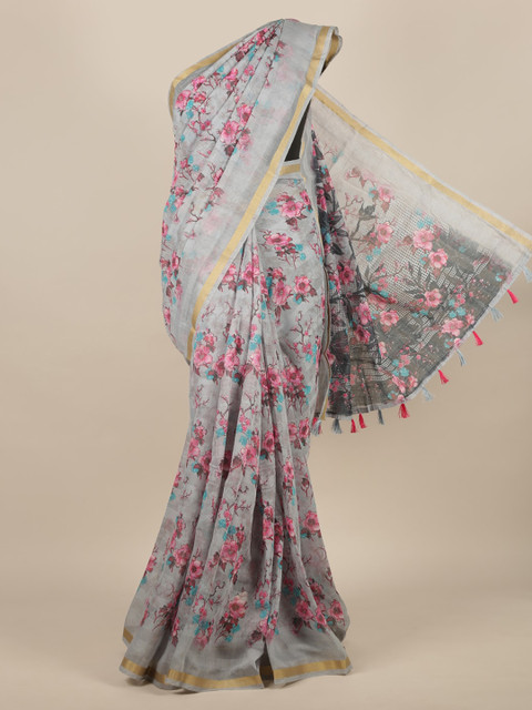 

Pothys Grey & Pink Jute Silk Printed Saree