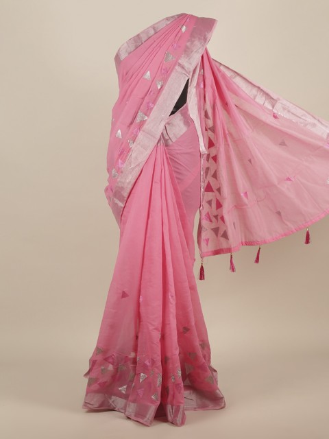 

Pothys Pink & Silver-Toned Jute Silk Embellished Saree
