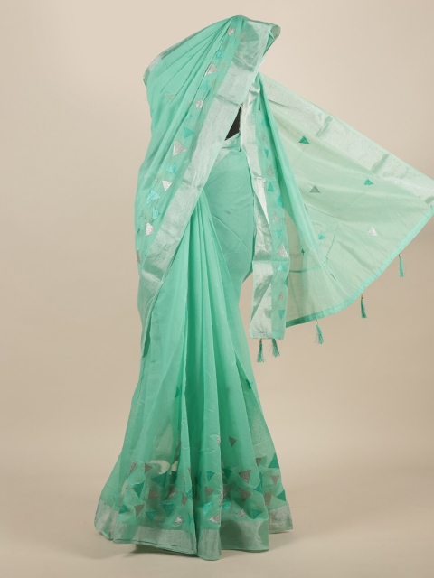 

Pothys Green Embroidered Jute Silk Saree With Tasseled Pallu